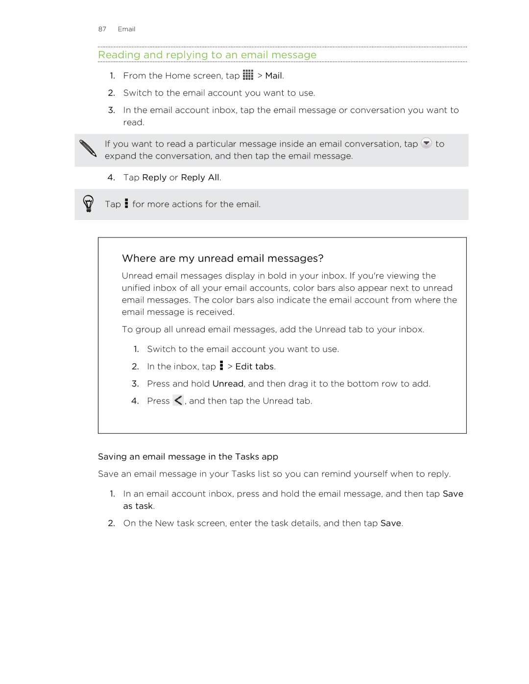 HTC C3HTCONEV4GBUNLOCKEDBLACK manual Reading and replying to an email message, Where are my unread email messages? 