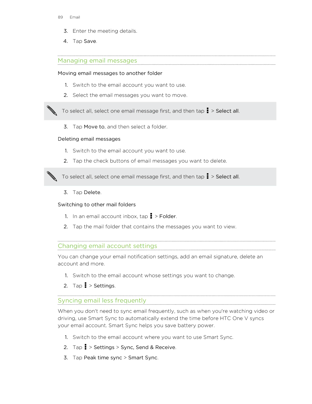 HTC C3HTCONEV4GBUNLOCKEDBLACK Managing email messages, Changing email account settings, Syncing email less frequently 