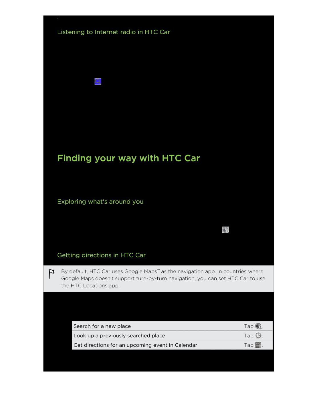 HTC C3HTCONEV4GBUNLOCKEDBLACK manual Finding your way with HTC Car, Listening to Internet radio in HTC Car 
