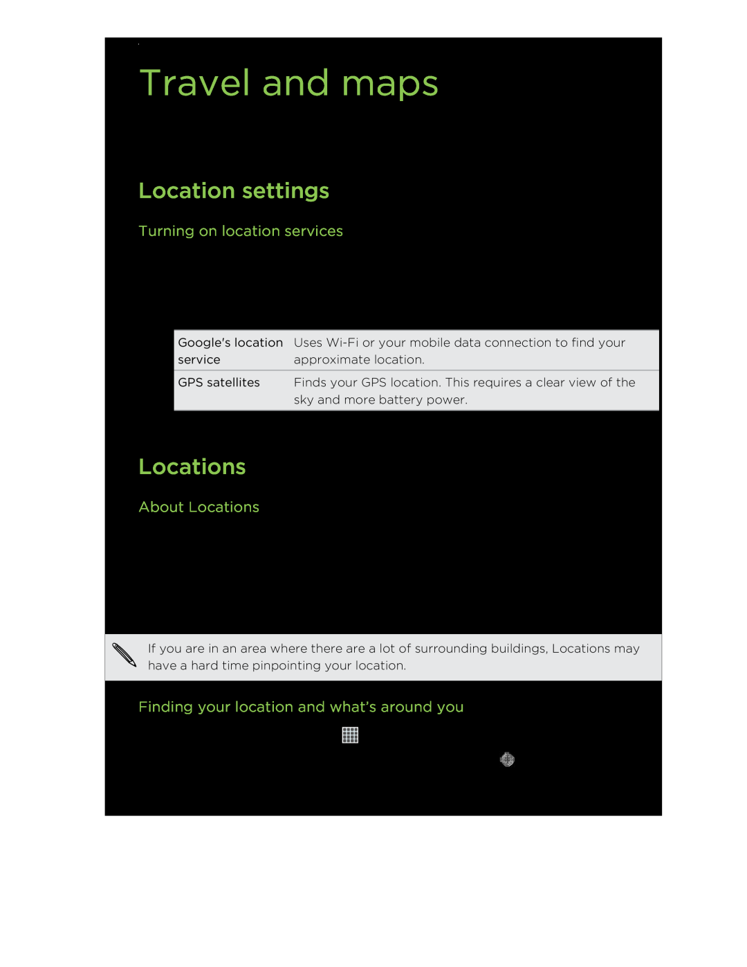 HTC C3HTCONEV4GBUNLOCKEDBLACK manual Travel and maps, Location settings, Turning on location services, About Locations 
