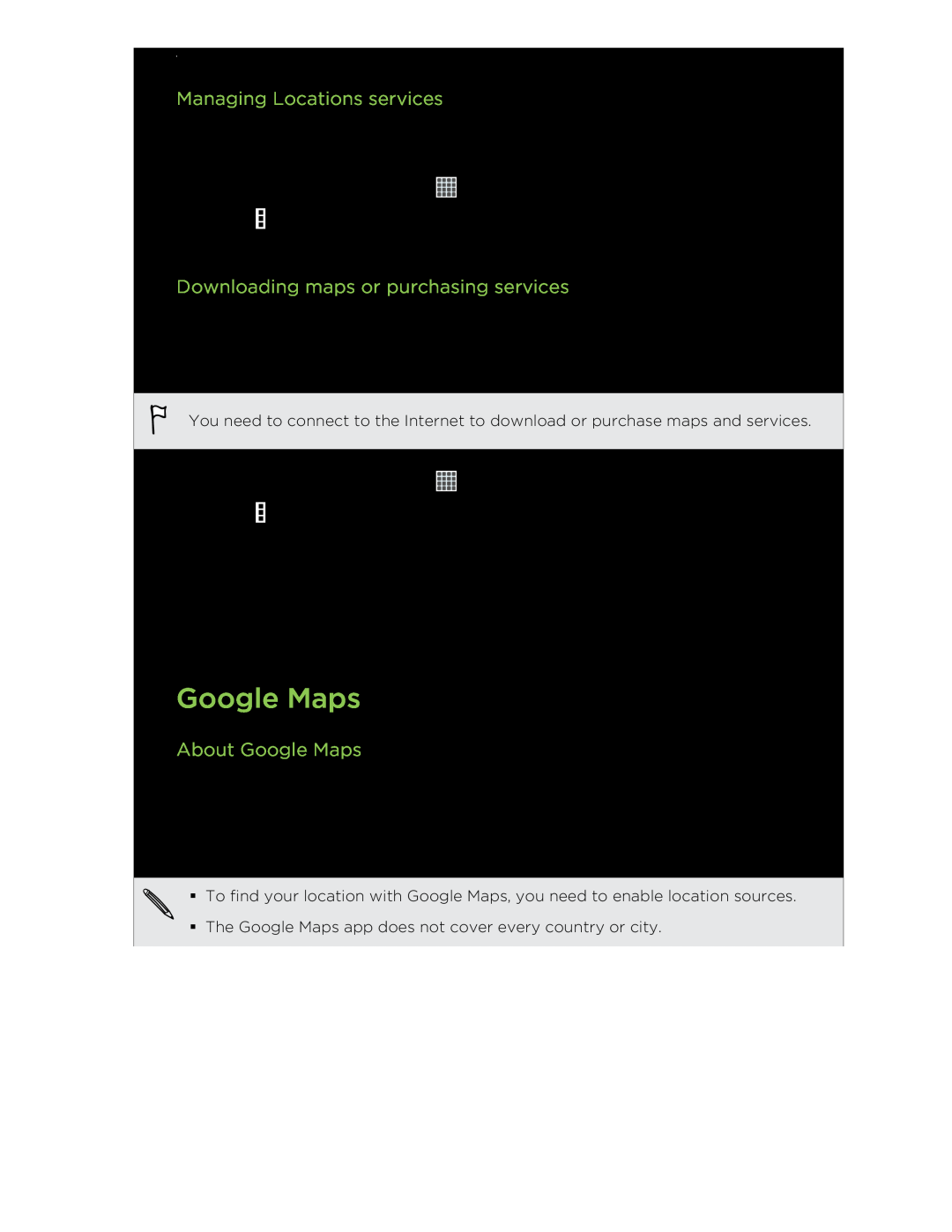 HTC C3HTCONEV4GBUNLOCKEDBLACK manual Google Maps, Managing Locations services, Downloading maps or purchasing services 