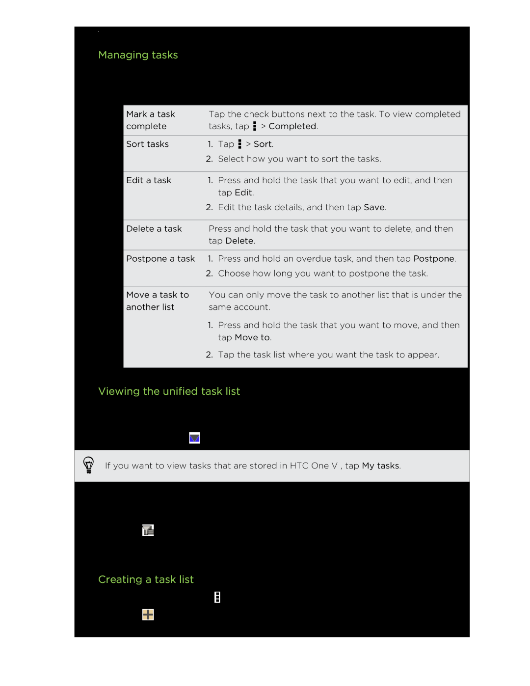 HTC C3HTCONEV4GBUNLOCKEDBLACK manual Managing tasks, Viewing the unified task list, Creating a task list 