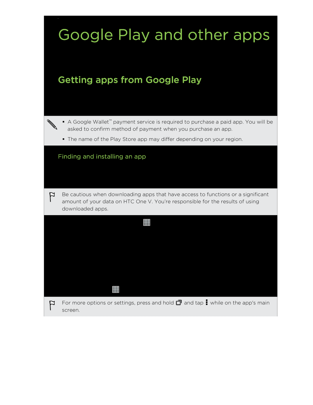 HTC C3HTCONEV4GBUNLOCKEDBLACK Google Play and other apps, Getting apps from Google Play, Finding and installing an app 