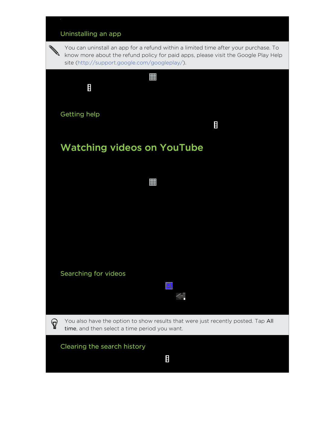 HTC C3HTCONEV4GBUNLOCKEDBLACK manual Watching videos on YouTube, Uninstalling an app, Searching for videos, Getting help 
