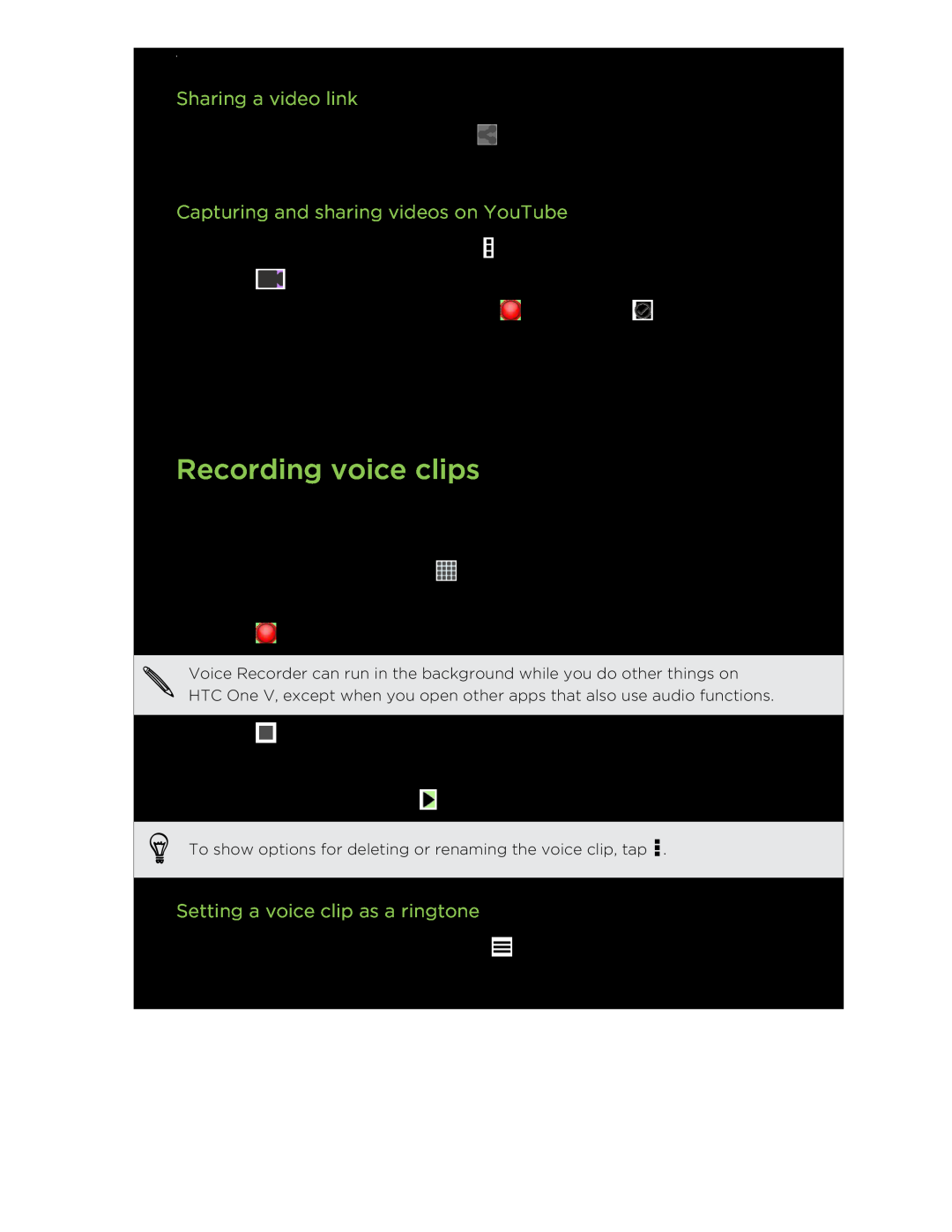 HTC C3HTCONEV4GBUNLOCKEDBLACK manual Recording voice clips, Sharing a video link, Capturing and sharing videos on YouTube 