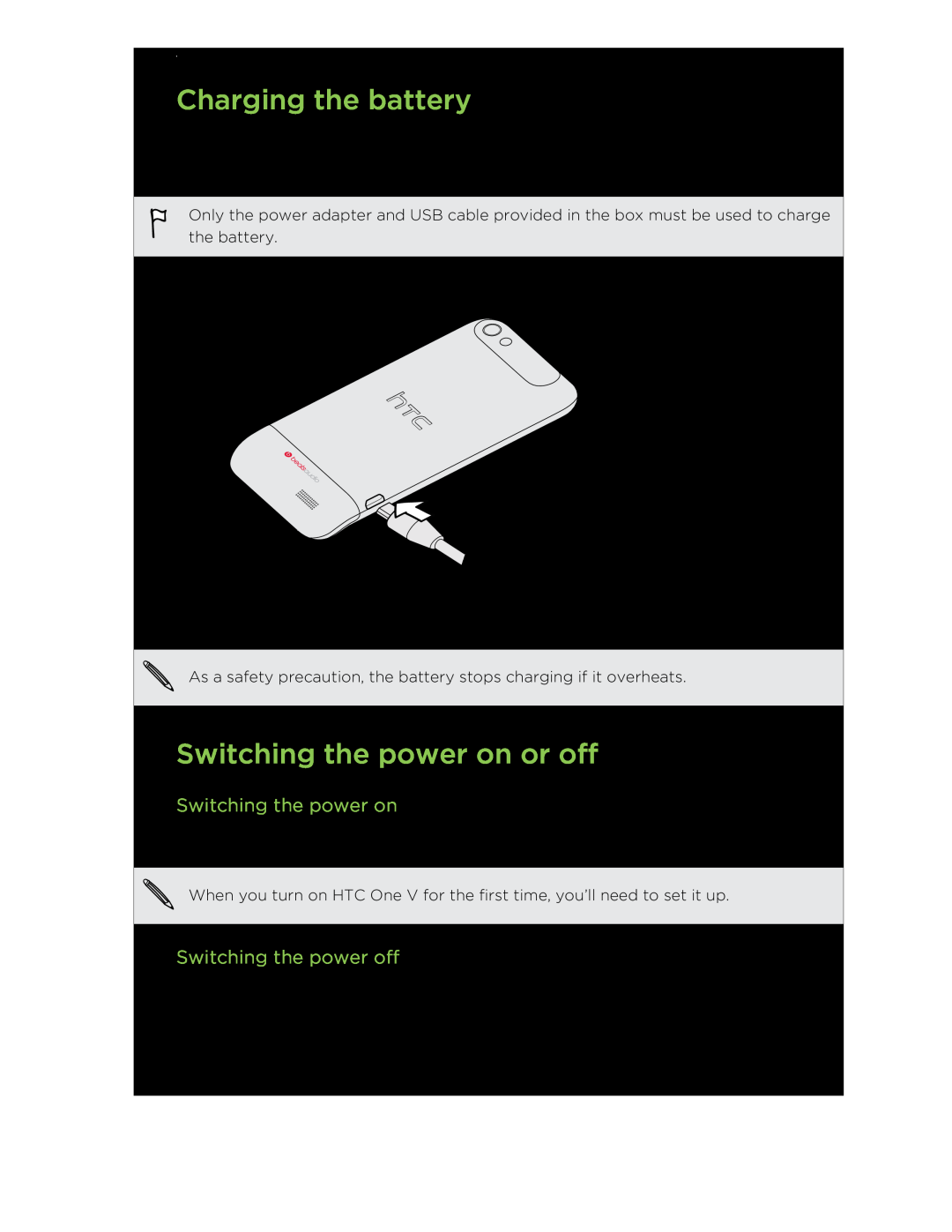 HTC C3HTCONEV4GBUNLOCKEDBLACK manual Charging the battery, Switching the power on or off, Switching the power off 
