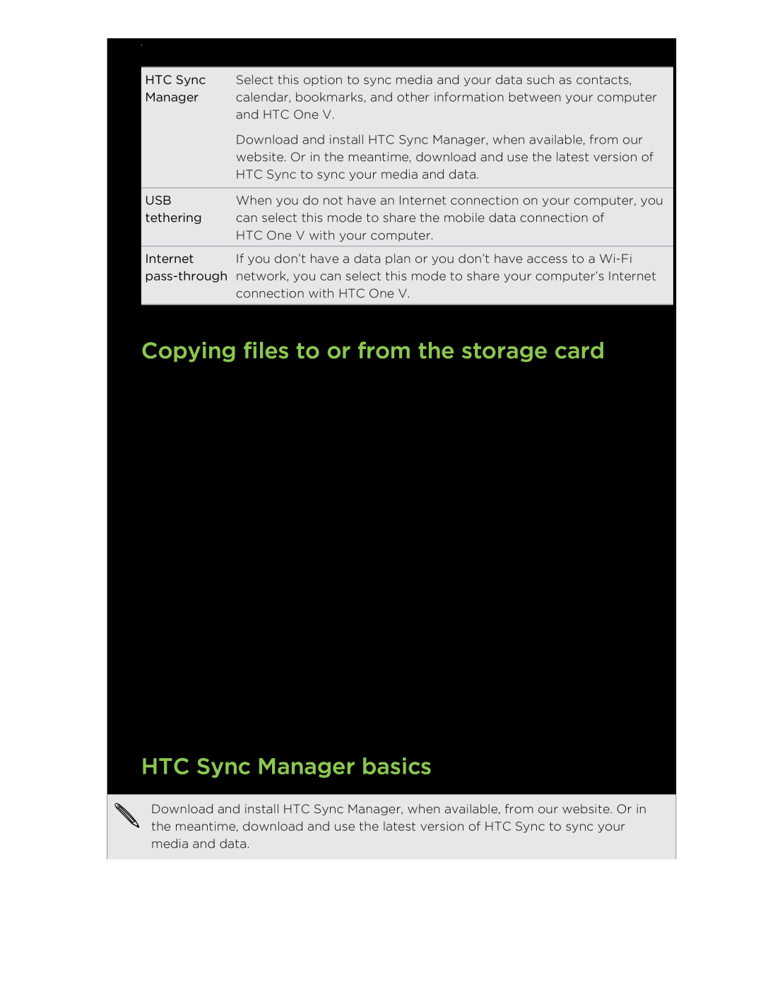 HTC C3HTCONEV4GBUNLOCKEDBLACK Copying files to or from the storage card, HTC Sync Manager basics, Your phone and computer 