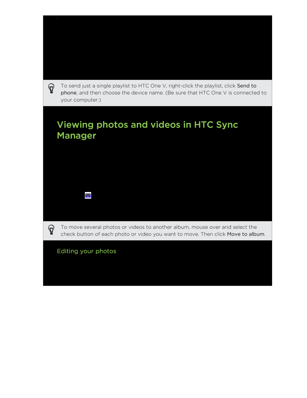 HTC C3HTCONEV4GBUNLOCKEDBLACK manual Viewing photos and videos in HTC Sync Manager, Editing your photos 