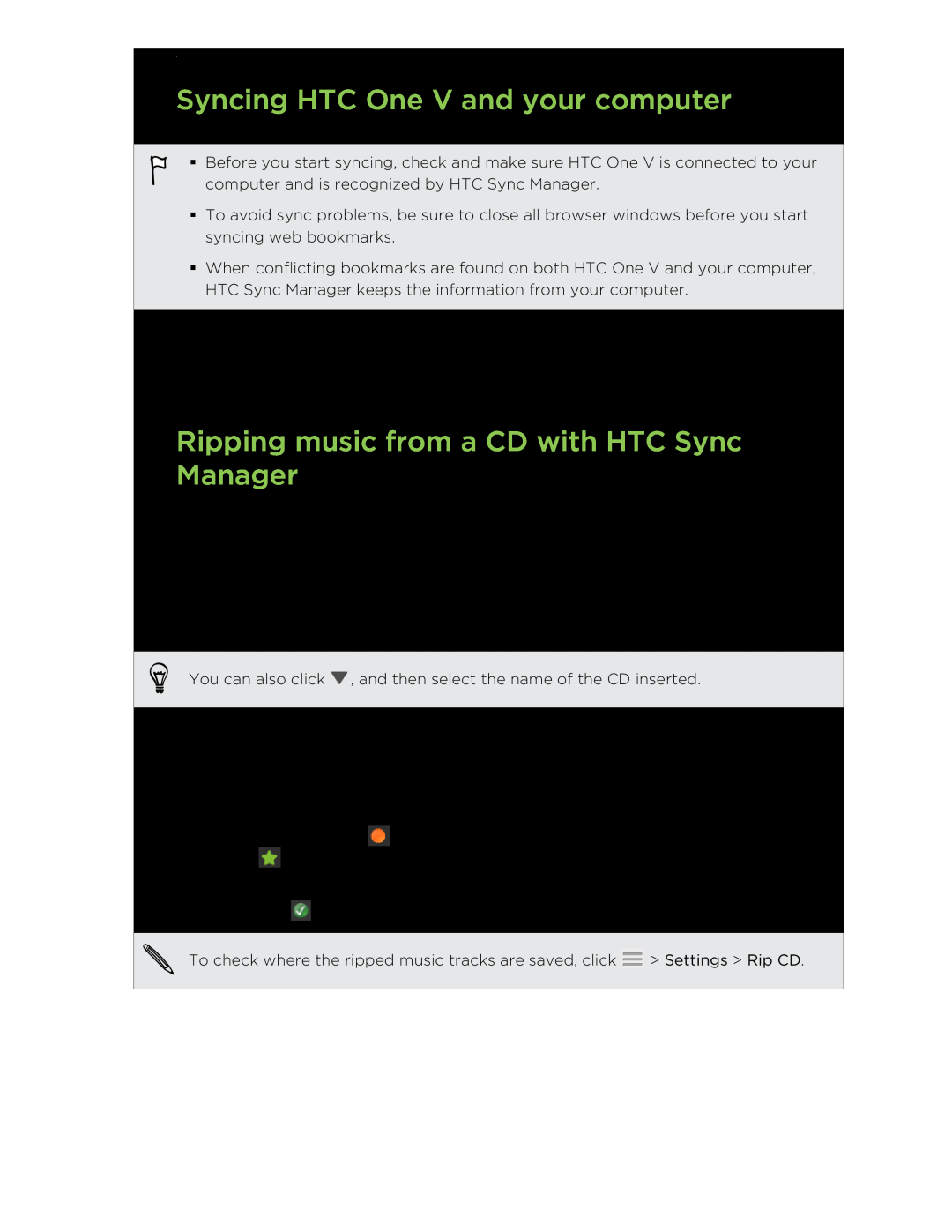 HTC C3HTCONEV4GBUNLOCKEDBLACK manual Syncing HTC One V and your computer, Ripping music from a CD with HTC Sync Manager 