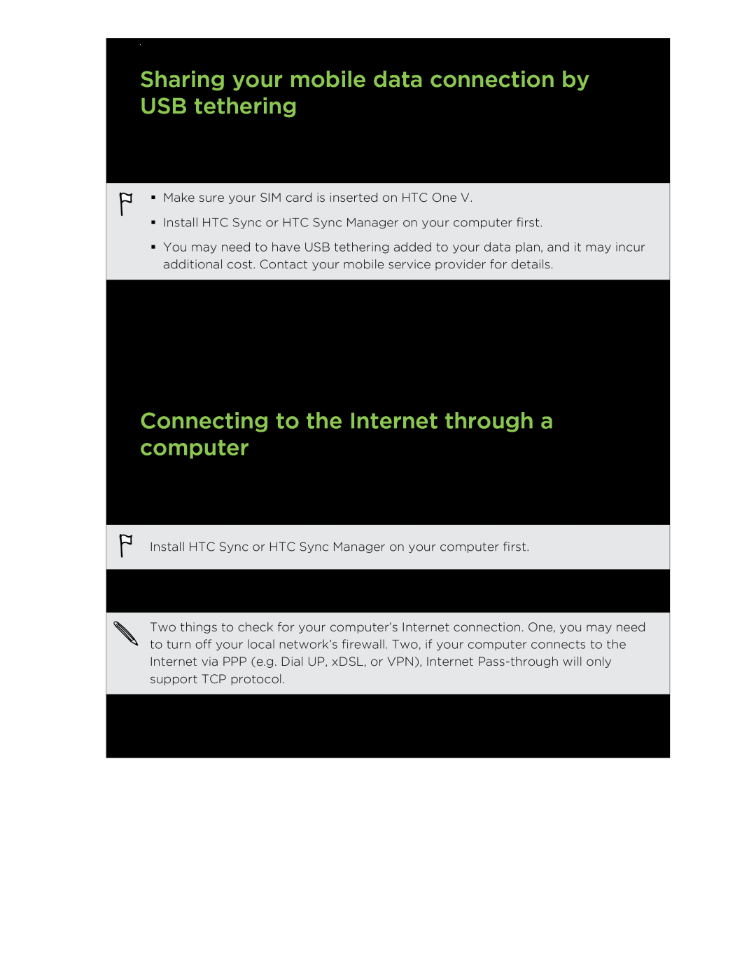 HTC C3HTCONEV4GBUNLOCKEDBLACK manual Sharing your mobile data connection by USB tethering 