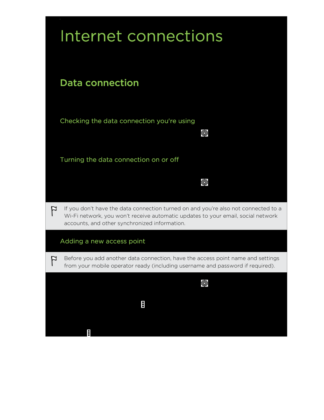 HTC C3HTCONEV4GBUNLOCKEDBLACK manual Internet connections, Data connection, Checking the data connection youre using 