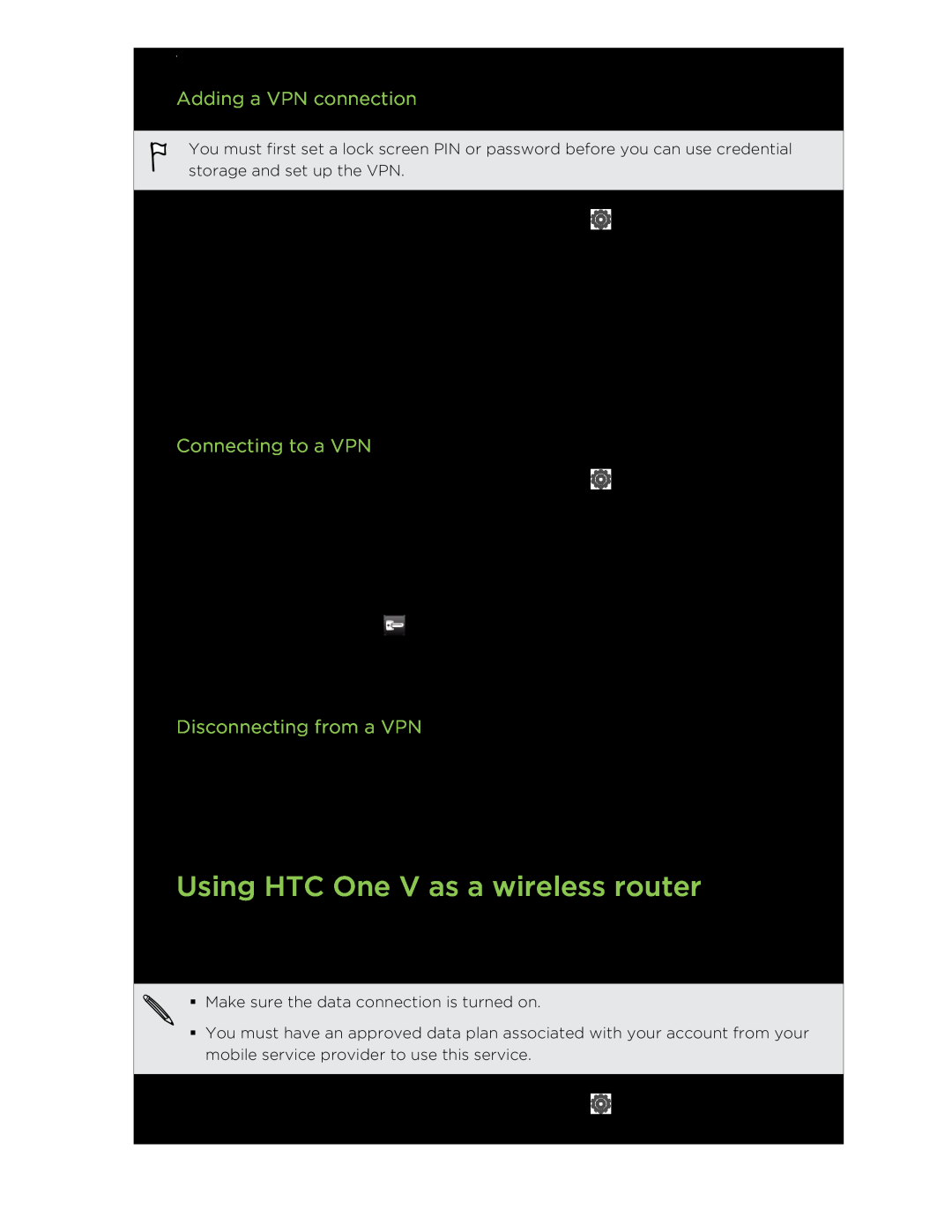 HTC C3HTCONEV4GBUNLOCKEDBLACK manual Using HTC One V as a wireless router, Adding a VPN connection, Connecting to a VPN 