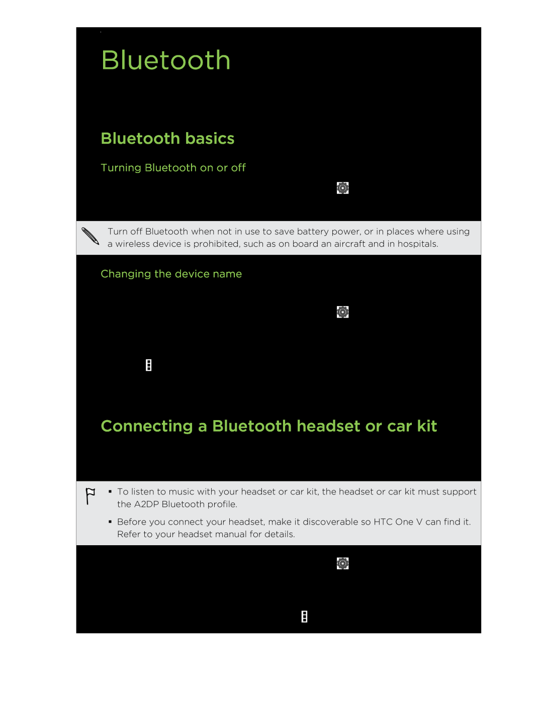 HTC C3HTCONEV4GBUNLOCKEDBLACK Bluetooth basics, Connecting a Bluetooth headset or car kit, Turning Bluetooth on or off 