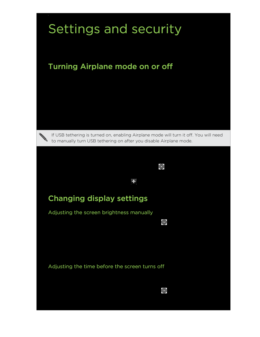 HTC C3HTCONEV4GBUNLOCKEDBLACK manual Settings and security, Turning Airplane mode on or off, Changing display settings 