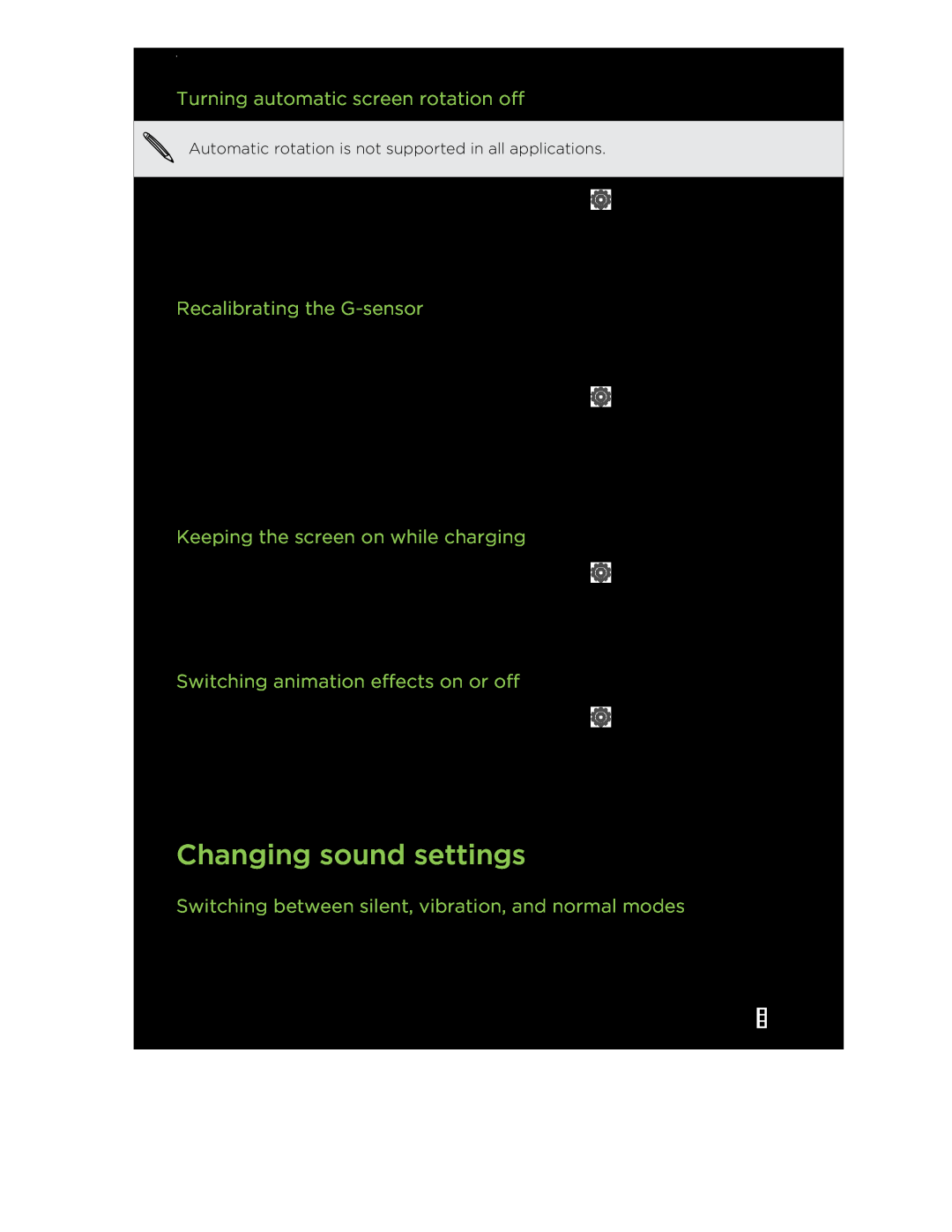 HTC C3HTCONEV4GBUNLOCKEDBLACK Changing sound settings, Turning automatic screen rotation off, Recalibrating the G-sensor 
