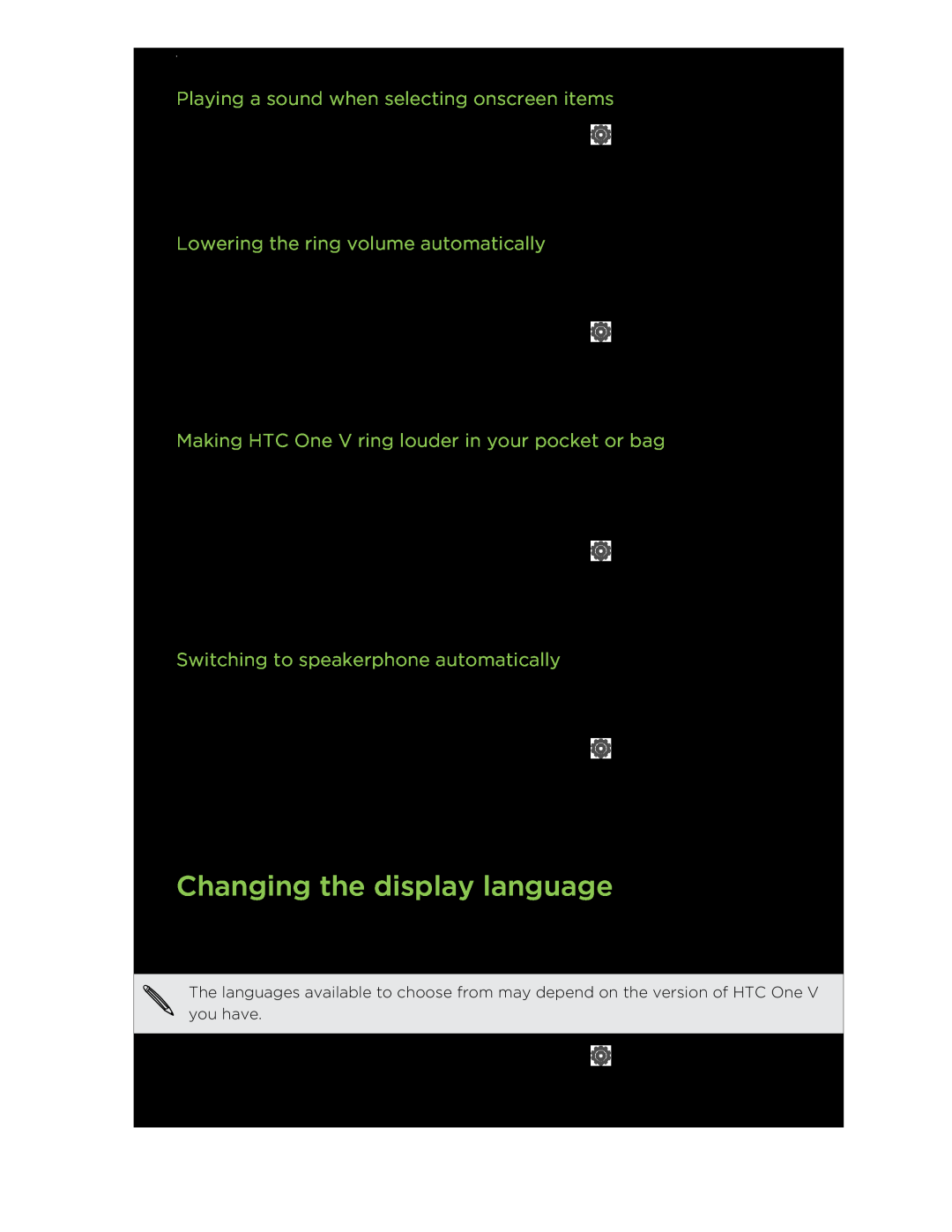 HTC C3HTCONEV4GBUNLOCKEDBLACK manual Changing the display language, Playing a sound when selecting onscreen items 