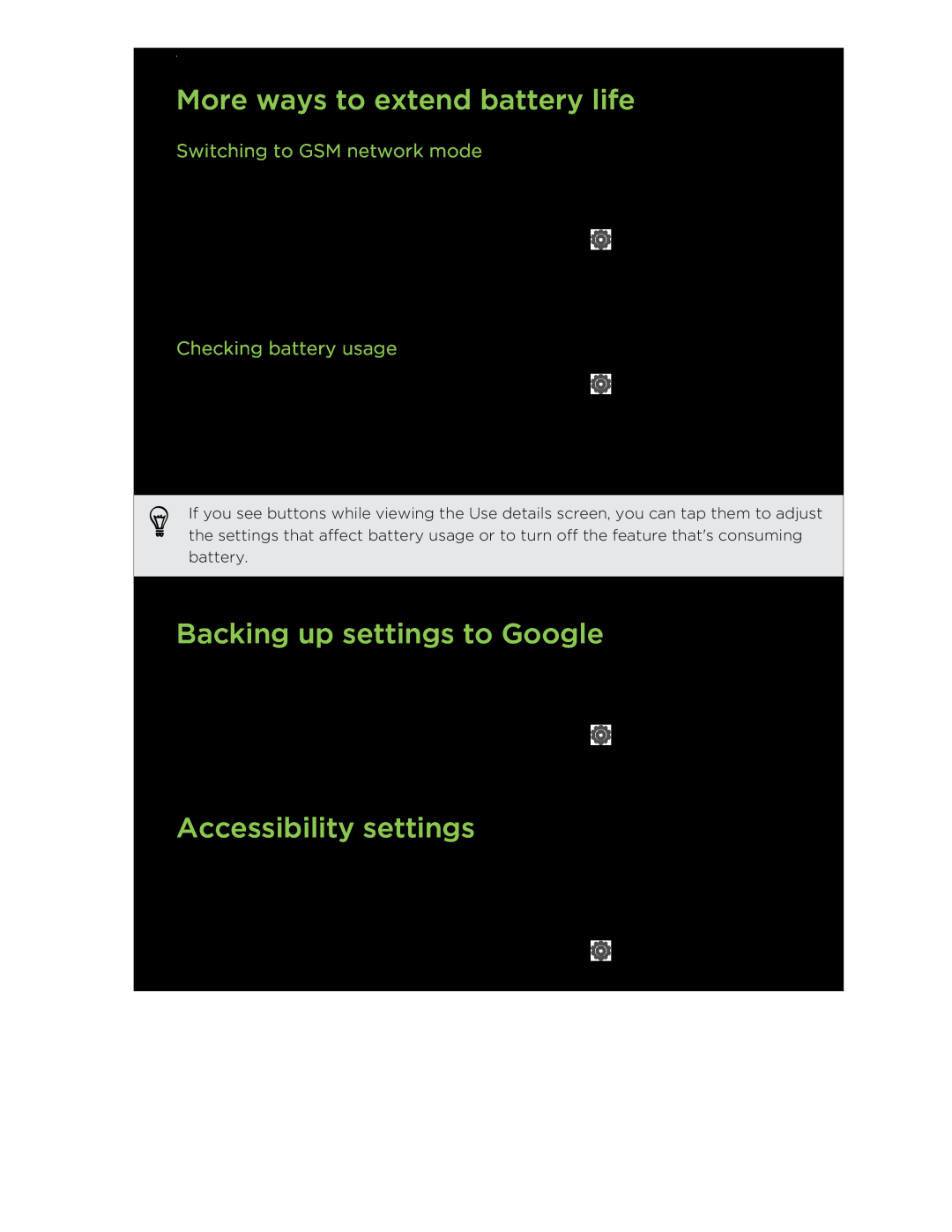 HTC C3HTCONEV4GBUNLOCKEDBLACK More ways to extend battery life, Backing up settings to Google, Accessibility settings 