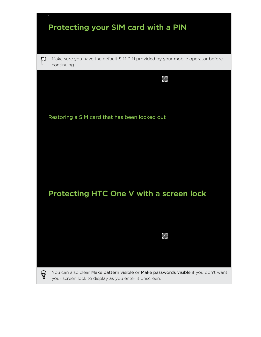 HTC C3HTCONEV4GBUNLOCKEDBLACK manual Protecting your SIM card with a PIN, Protecting HTC One V with a screen lock 