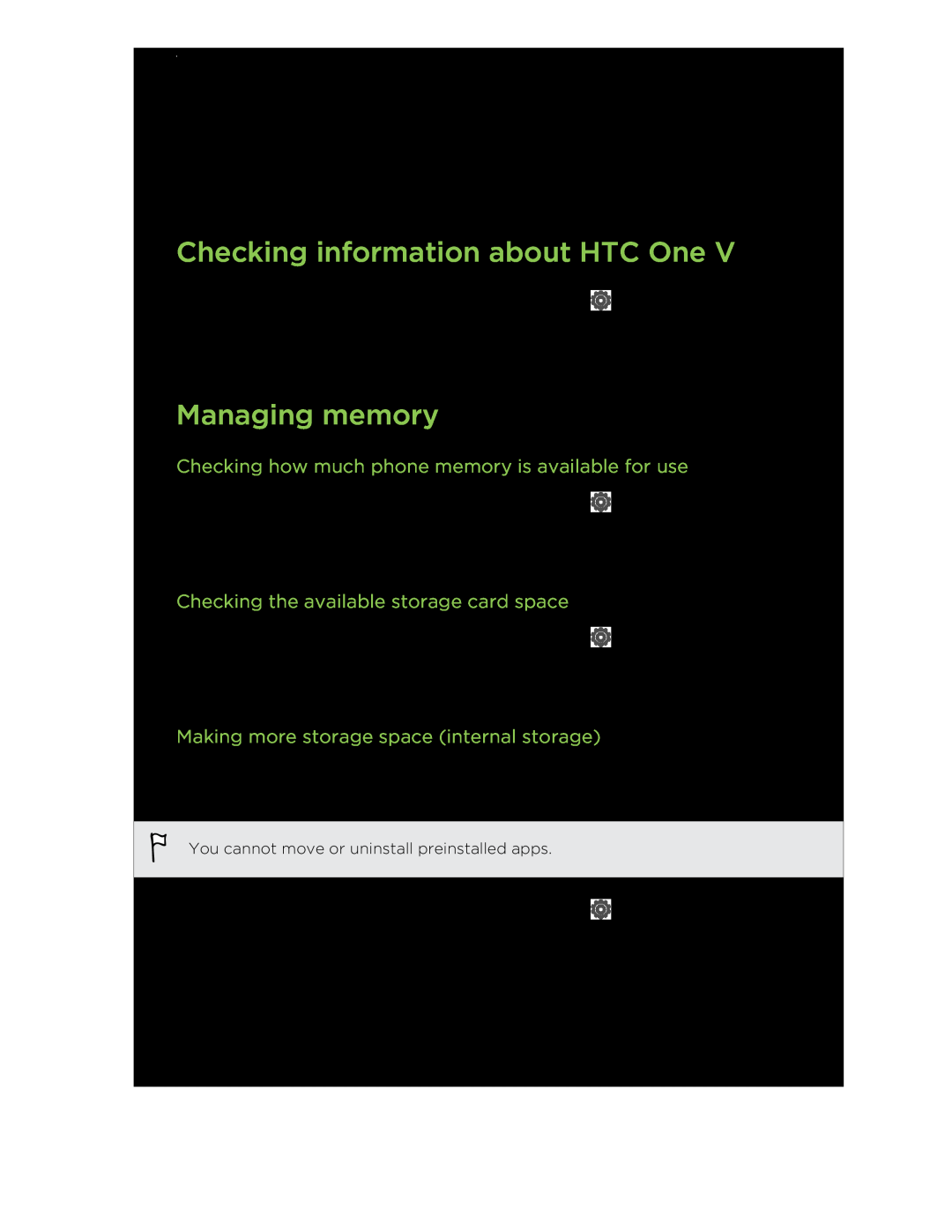 HTC C3HTCONEV4GBUNLOCKEDBLACK manual Checking information about HTC One, Managing memory 