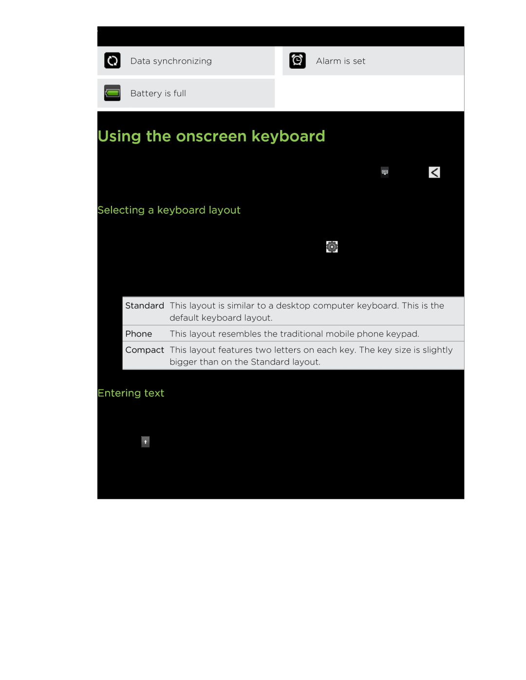 HTC C3HTCONEV4GBUNLOCKEDBLACK manual Using the onscreen keyboard, Selecting a keyboard layout, Entering text 
