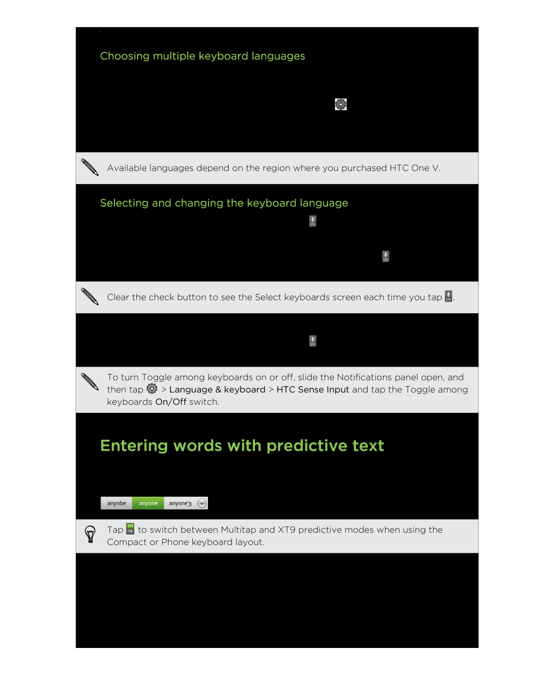 HTC C3HTCONEV4GBUNLOCKEDBLACK manual Entering words with predictive text, Choosing multiple keyboard languages 