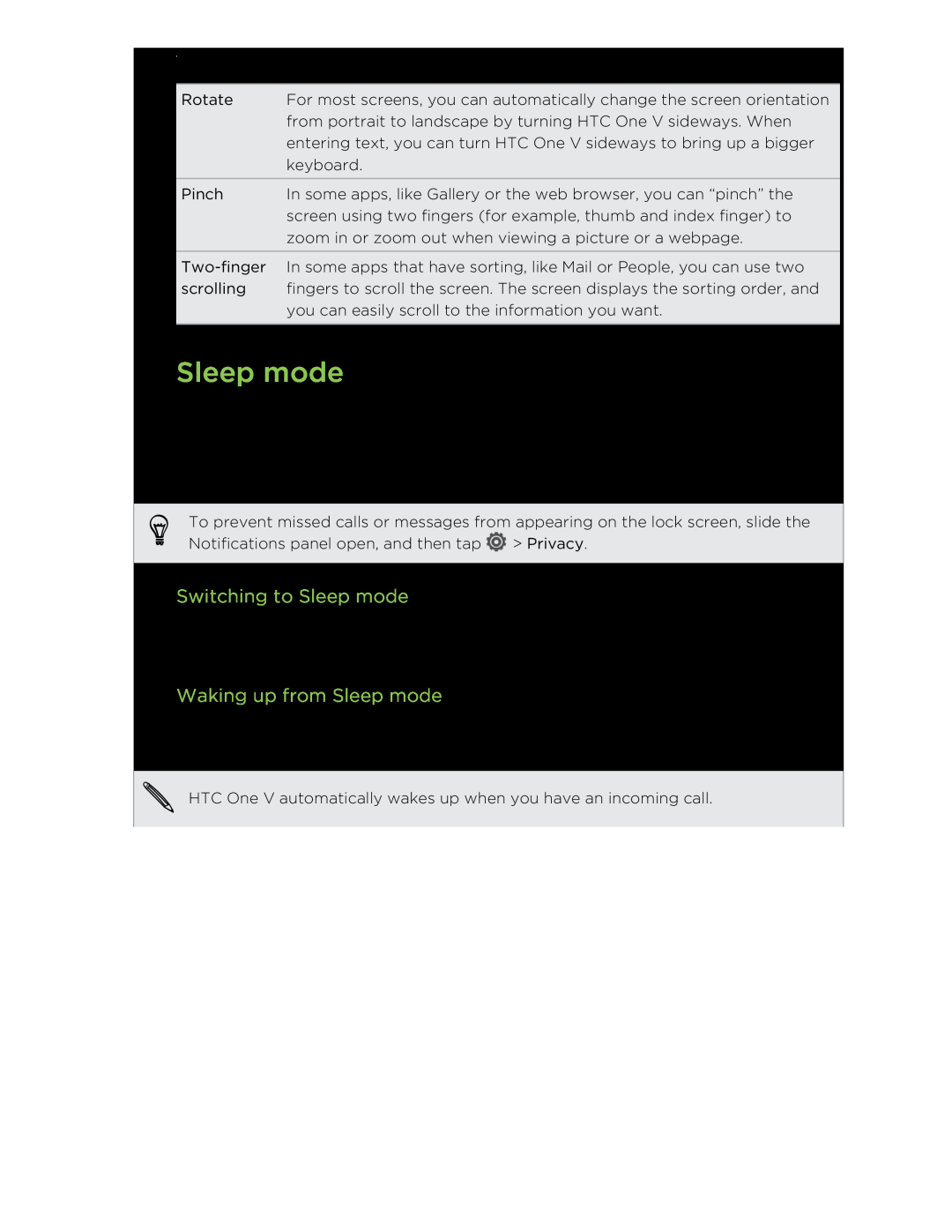 HTC C3HTCONEV4GBUNLOCKEDBLACK manual Switching to Sleep mode, Waking up from Sleep mode 