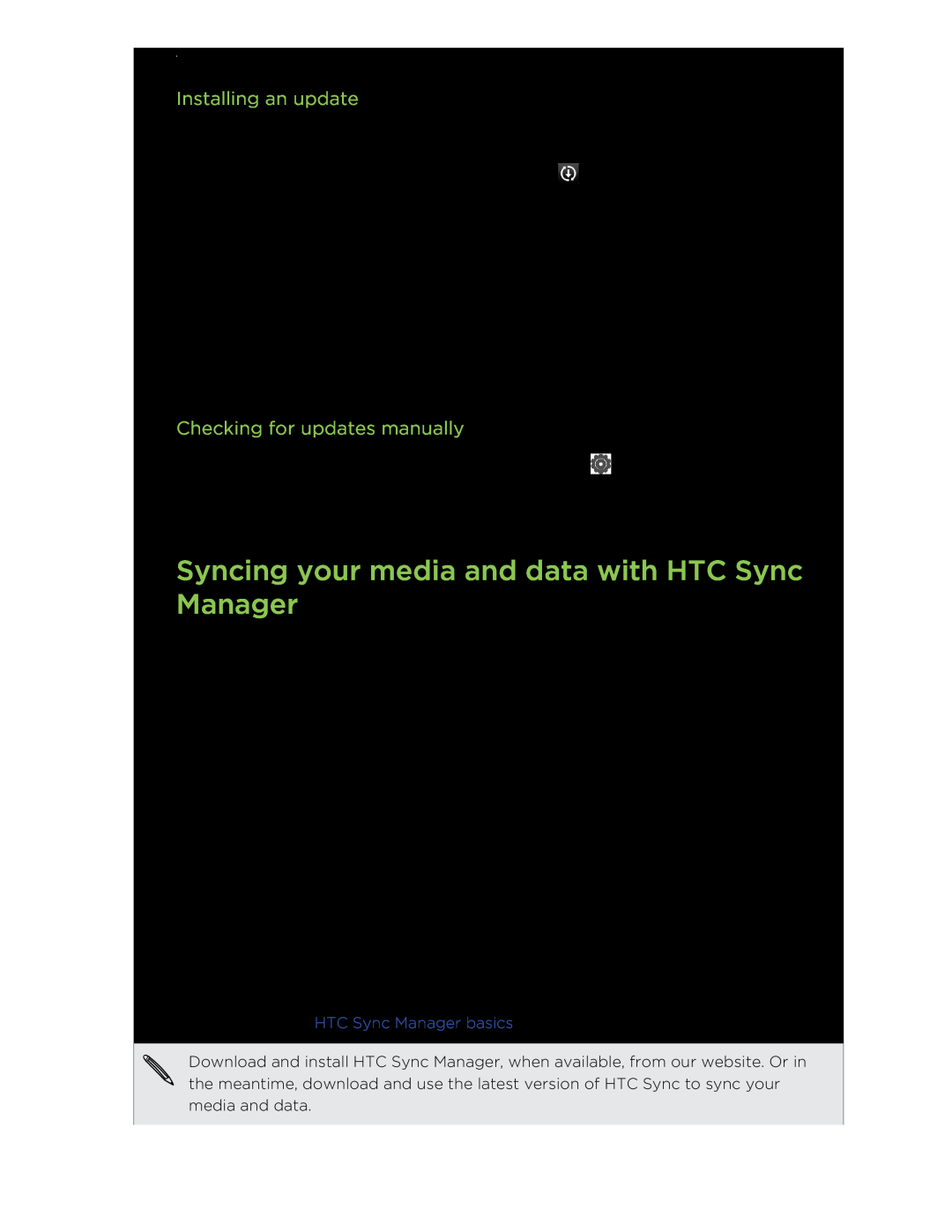 HTC C3HTCONEV4GBUNLOCKEDBLACK manual Syncing your media and data with HTC Sync Manager, Installing an update 