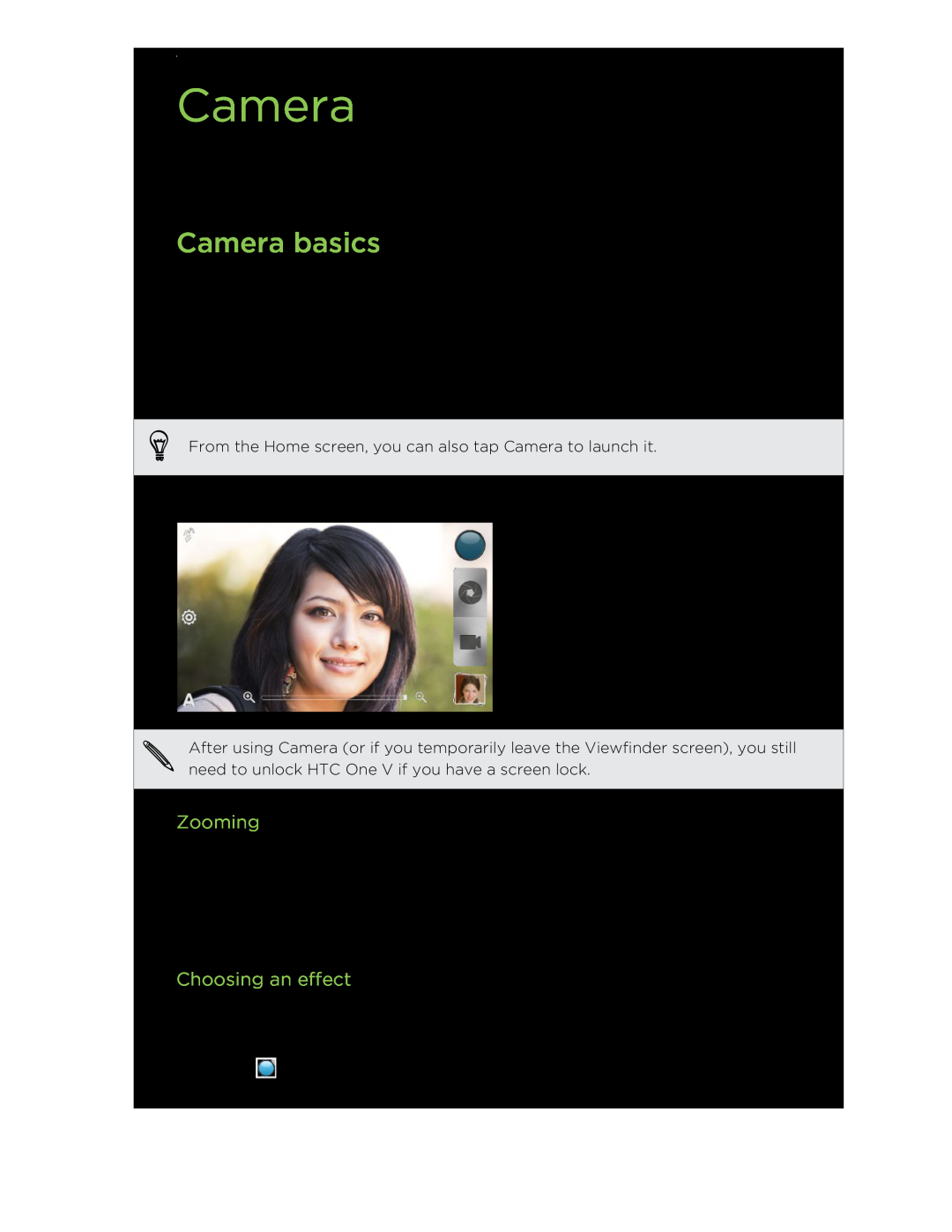 HTC C3HTCONEV4GBUNLOCKEDBLACK manual Camera basics, Zooming, Choosing an effect 