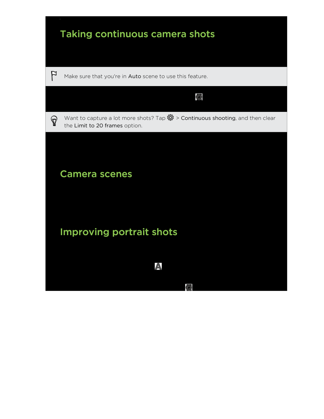HTC C3HTCONEV4GBUNLOCKEDBLACK manual Taking continuous camera shots, Camera scenes, Improving portrait shots 