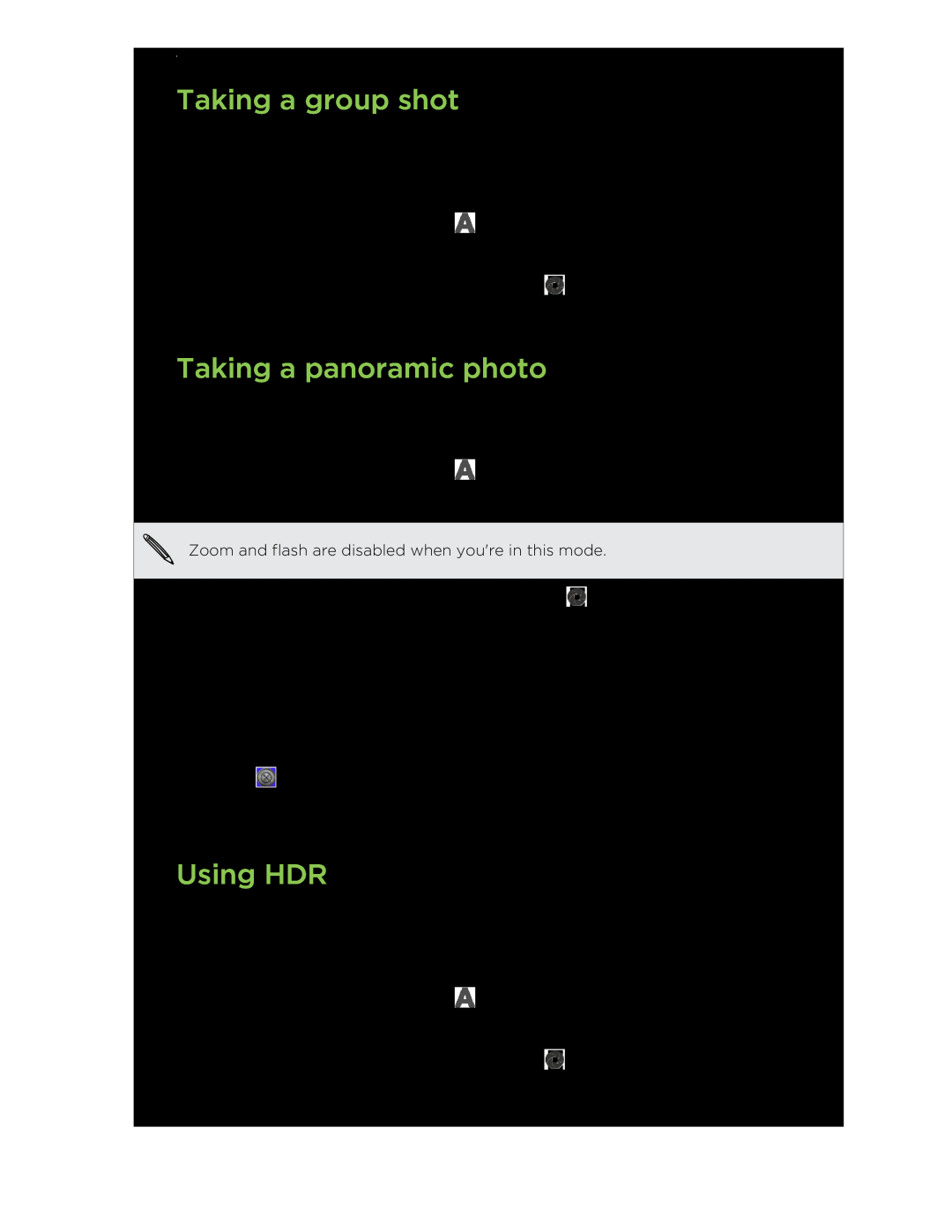 HTC C3HTCONEV4GBUNLOCKEDBLACK manual Taking a group shot, Taking a panoramic photo, Using HDR, Camera 