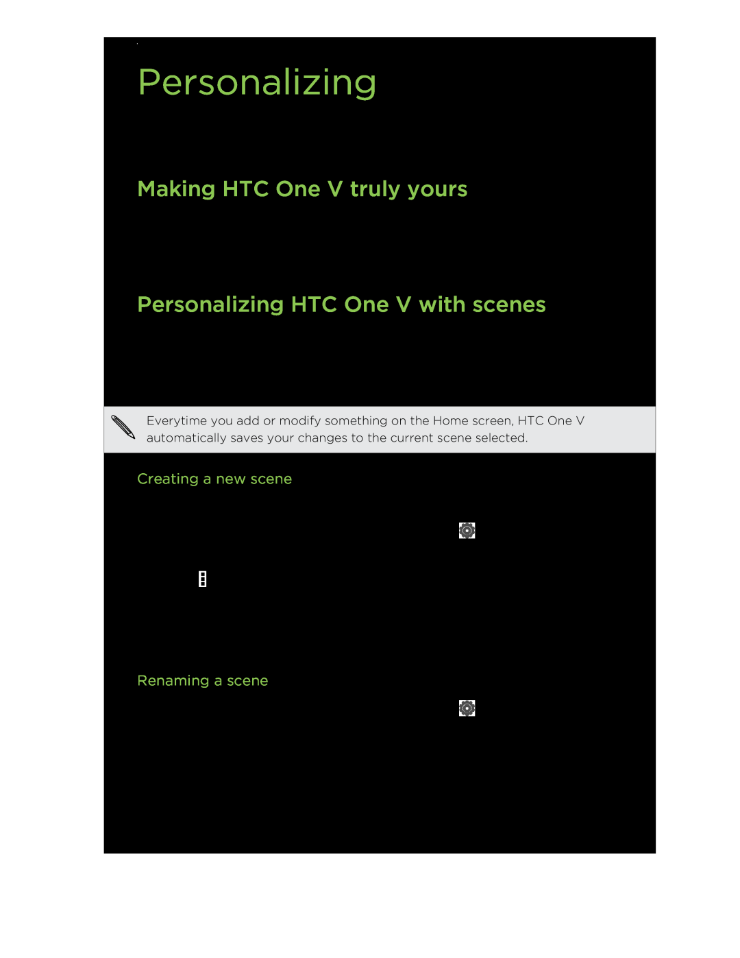 HTC C3HTCONEV4GBUNLOCKEDBLACK Making HTC One V truly yours, Personalizing HTC One V with scenes, Creating a new scene 