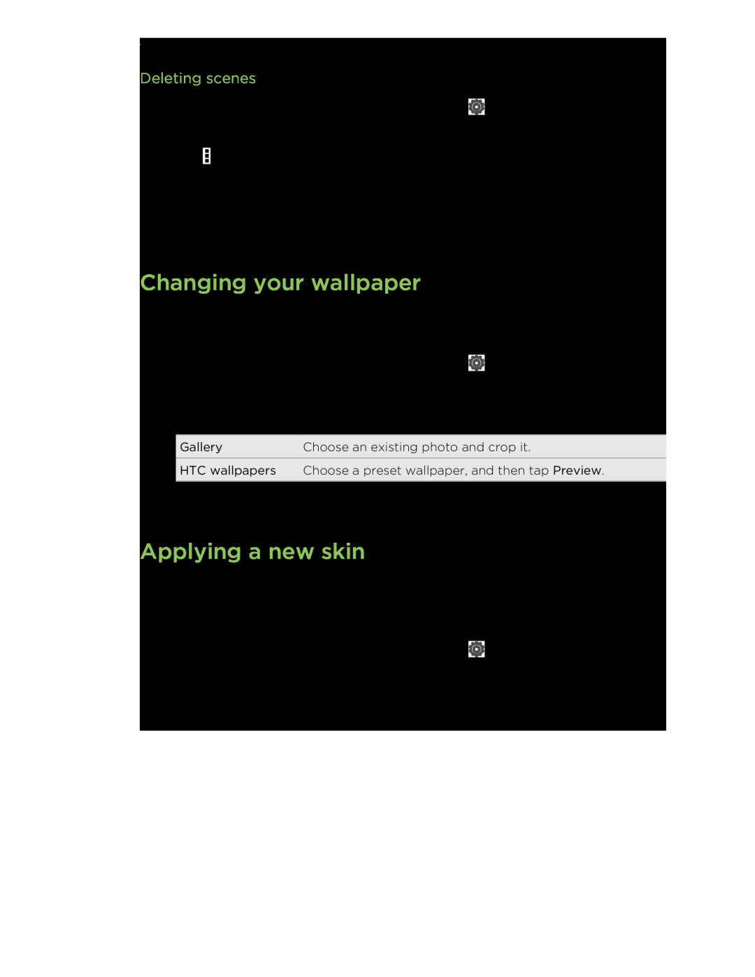 HTC C3HTCONEV4GBUNLOCKEDBLACK manual Changing your wallpaper, Applying a new skin, Deleting scenes 