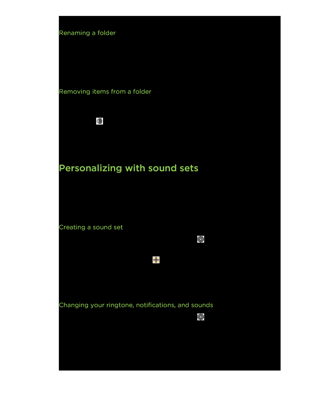 HTC C3HTCONEV4GBUNLOCKEDBLACK manual Personalizing with sound sets, Renaming a folder, Removing items from a folder 