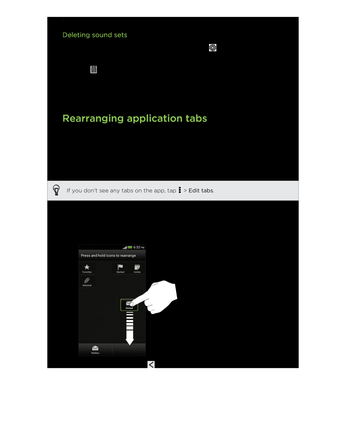 HTC C3HTCONEV4GBUNLOCKEDBLACK manual Rearranging application tabs, Deleting sound sets 