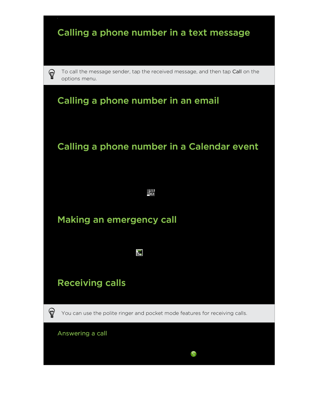 HTC C3HTCONEV4GBUNLOCKEDBLACK manual Calling a phone number in a text message, Calling a phone number in an email 