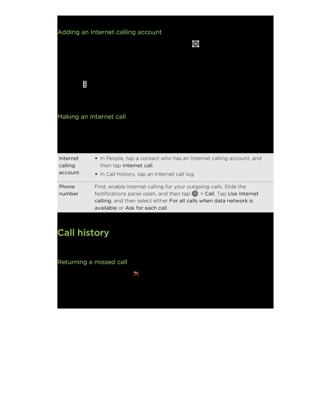 HTC C3HTCONEV4GBUNLOCKEDBLACK manual Call history, Adding an Internet calling account, Making an Internet call 