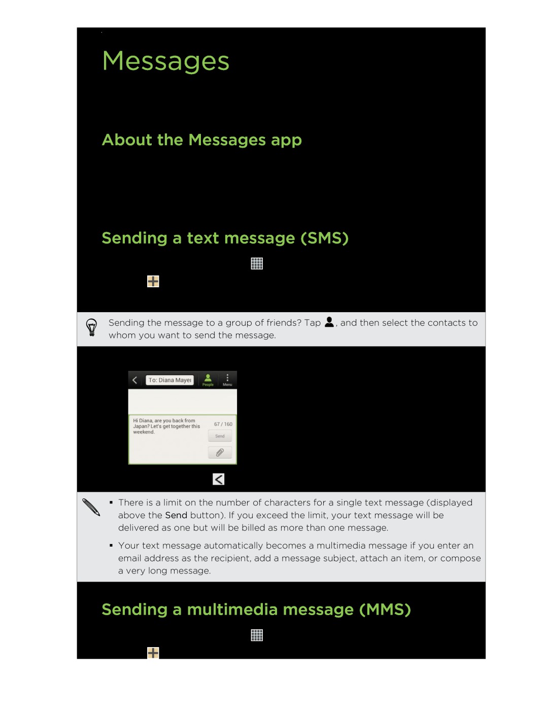HTC C3HTCONEV4GBUNLOCKEDBLACK About the Messages app, Sending a text message SMS, Sending a multimedia message MMS 
