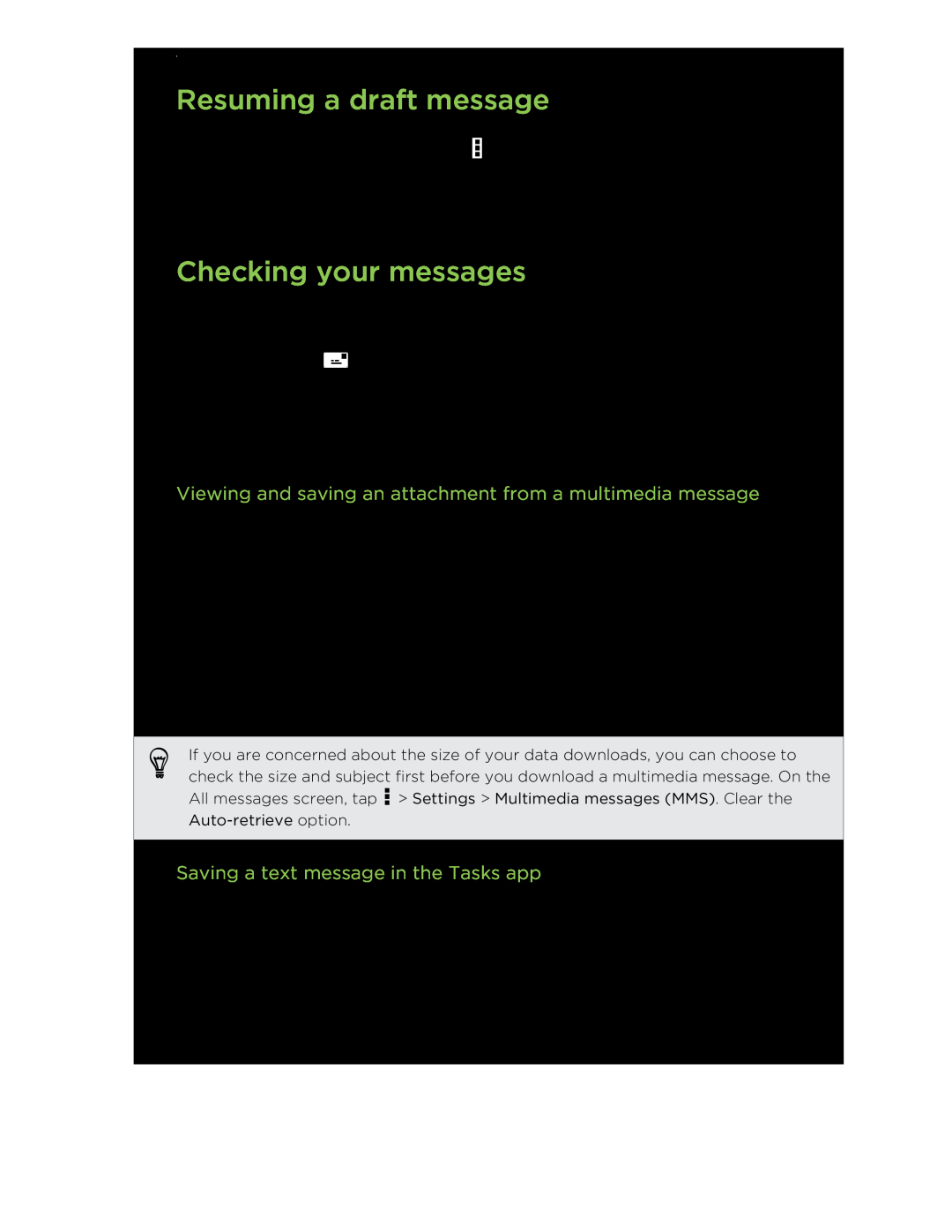 HTC C3HTCONEV4GBUNLOCKEDBLACK Resuming a draft message, Checking your messages, Saving a text message in the Tasks app 