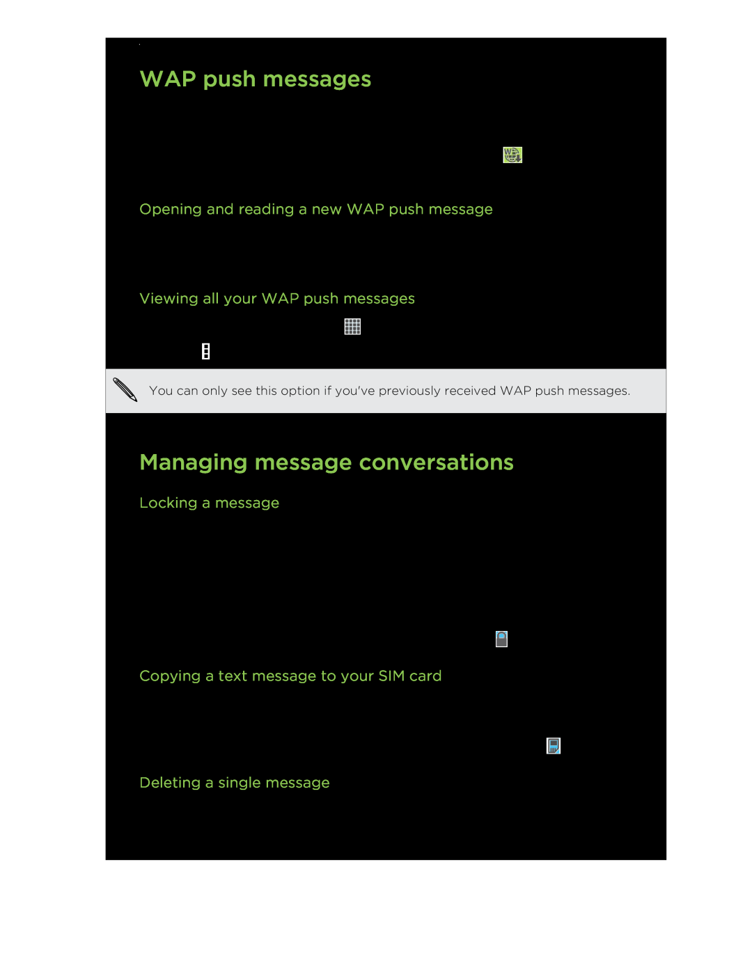 HTC C3HTCONEV4GBUNLOCKEDBLACK Managing message conversations, Viewing all your WAP push messages, Locking a message 