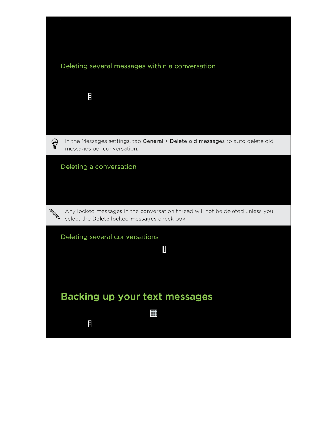 HTC C3HTCONEV4GBUNLOCKEDBLACK manual Backing up your text messages, Deleting several messages within a conversation 