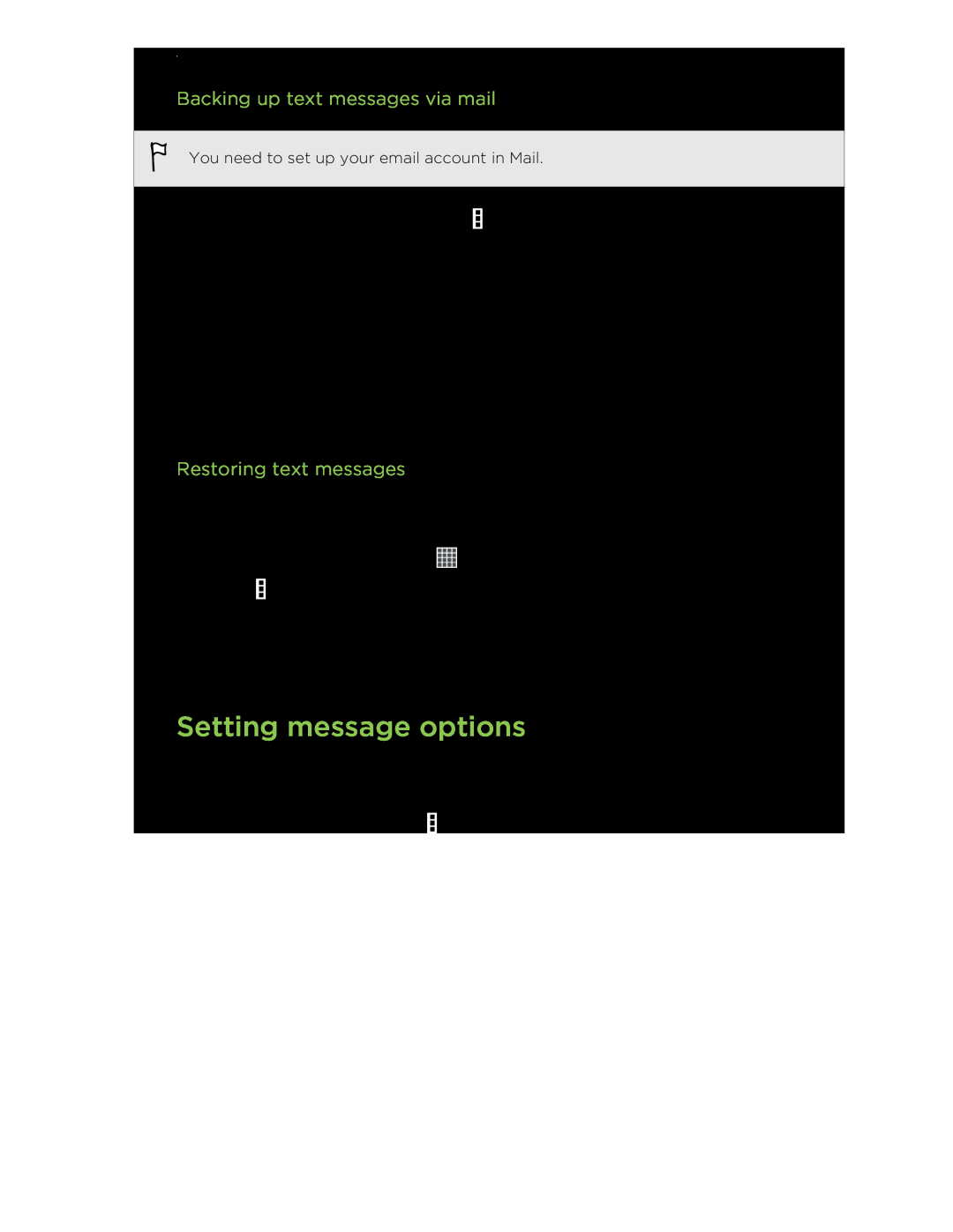 HTC C3HTCONEV4GBUNLOCKEDBLACK manual Setting message options, Backing up text messages via mail, Restoring text messages 