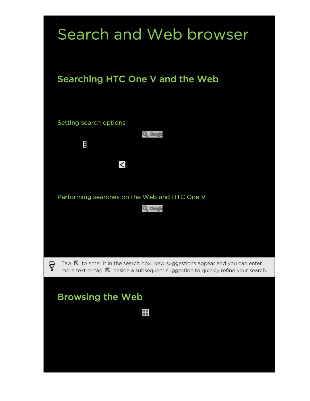 HTC C3HTCONEV4GBUNLOCKEDBLACK manual Search and Web browser, Searching HTC One V and the Web, Browsing the Web 