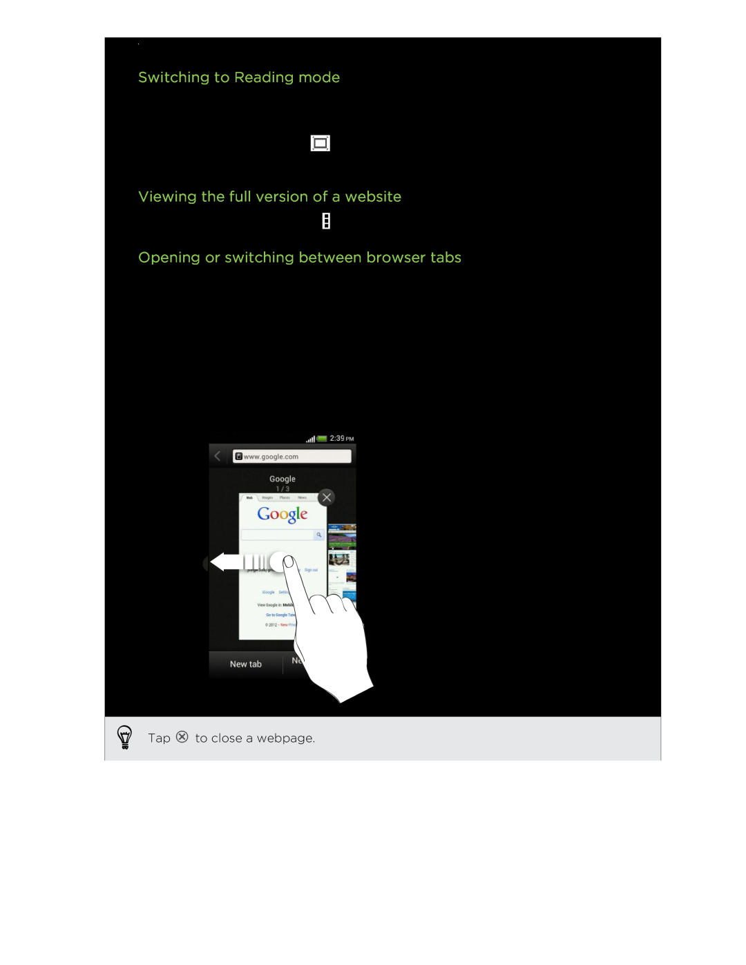 HTC C3HTCONEV4GBUNLOCKEDBLACK manual Switching to Reading mode, Viewing the full version of a website 