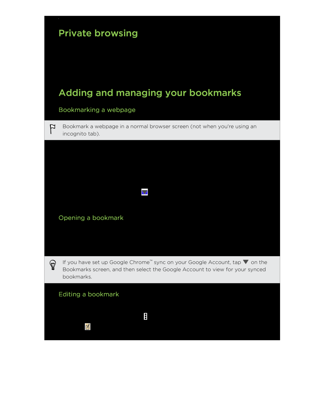 HTC C3HTCONEV4GBUNLOCKEDBLACK manual Private browsing, Adding and managing your bookmarks, Bookmarking a webpage 