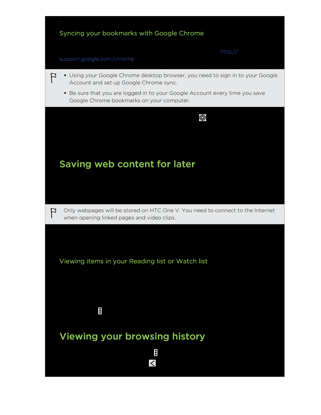 HTC C3HTCONEV4GBUNLOCKEDBLACK manual Saving web content for later, Viewing your browsing history 