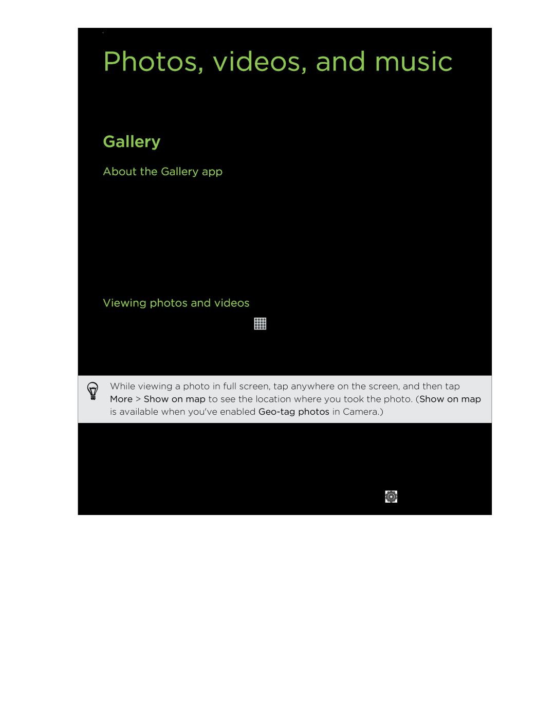 HTC C3HTCONEV4GBUNLOCKEDBLACK manual Photos, videos, and music, About the Gallery app, Viewing photos and videos 