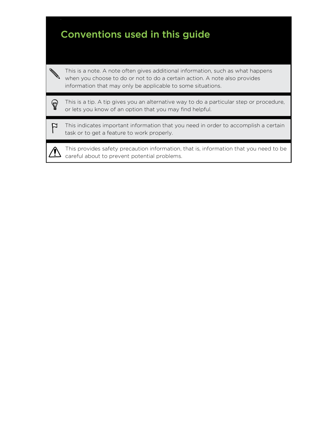 HTC C3HTCONEV4GBUNLOCKEDBLACK manual Conventions used in this guide 