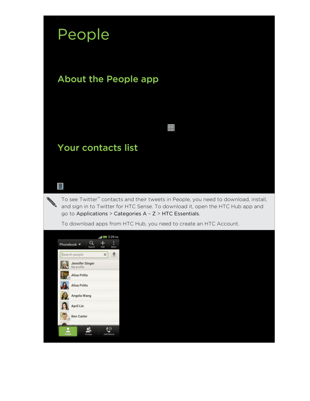 HTC C3HTCONEV4GBUNLOCKEDBLACK manual About the People app, Your contacts list 