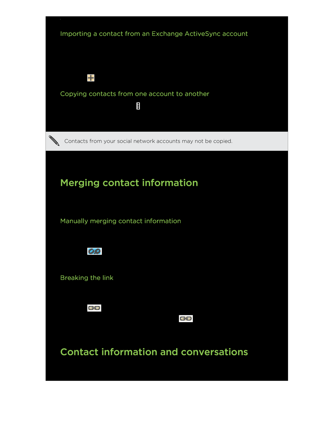 HTC C3HTCONEV4GBUNLOCKEDBLACK manual Merging contact information, Contact information and conversations, Breaking the link 