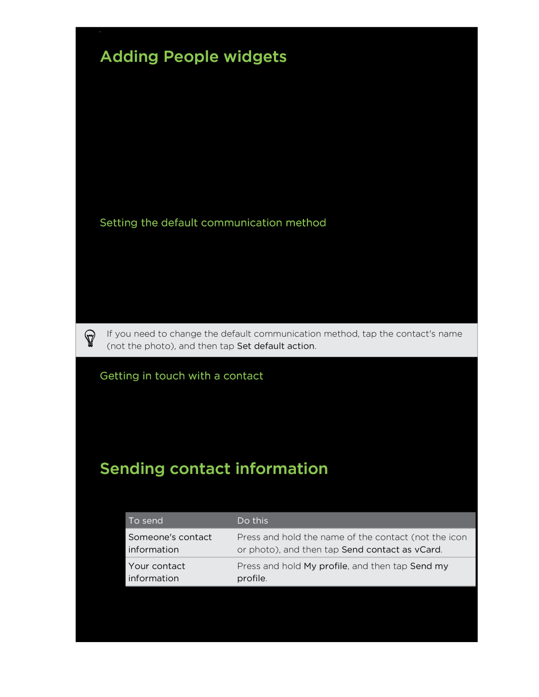 HTC C3HTCONEV4GBUNLOCKEDBLACK Adding People widgets, Sending contact information, Setting the default communication method 